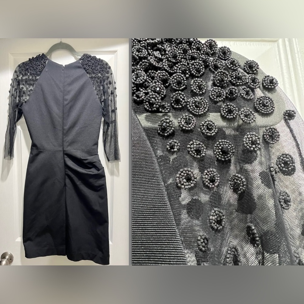 HOT Lela Rose Embellished Beaded Mesh Sleeve Ruched Sheath Black Dress $1695+! - Picture 3 of 12